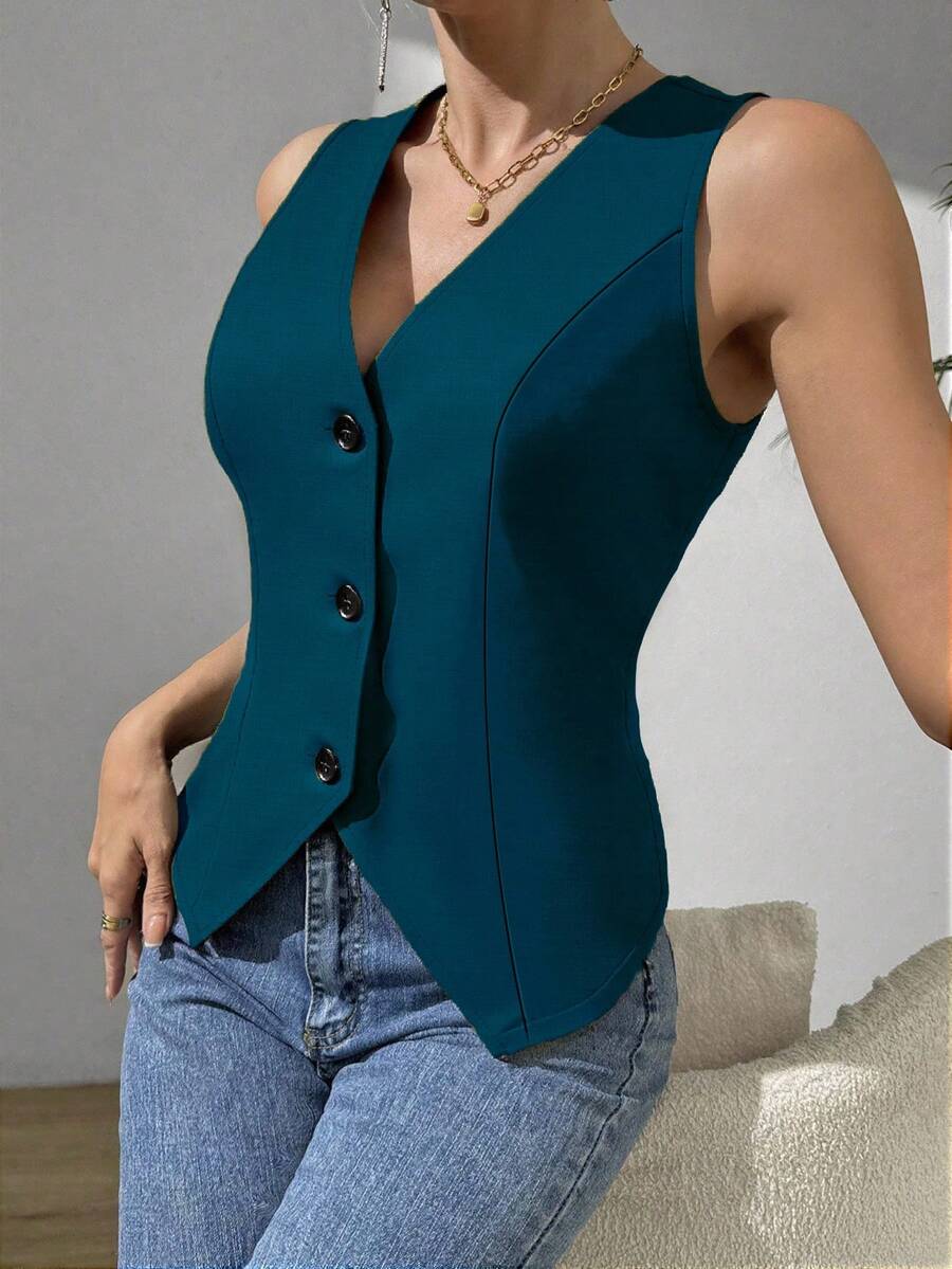 RosyDaze Chaleco informal sin mangas con abertura lateral para mujer - Agua verde azul - Ver 1