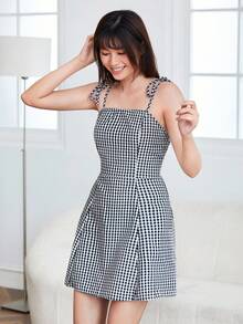SHEIN Essnce Gingham Self-Tie Cami Mini Dress,Tea Party Dress,Summer Dresses For Women - Black and White - View 4