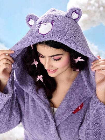 SHEIN X Care Bears Plus Size Cartoon Embroidered Hooded Robe With Tie Waist, Long Sleeve Bath Robe Women Purple Robe Purple Fuzzy Robe Winter Clothes For Women Christmas Pajamaswinter Clothes For Women Purple Coral Fleece Thermal Bathrobe