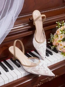 CUCCOO HITCHD 女士尖头蕾丝刺绣串珠花卉中跟鞋优雅浪漫性感复古卡其色网眼高跟鞋，适合正式场合、婚礼、派对、万圣节、圣诞节、感恩节、生日、情人节 - 棕色 - 查看 12