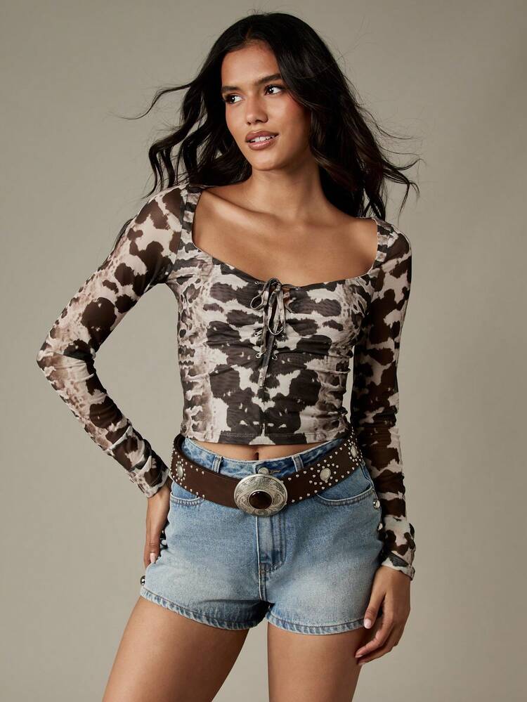 MISSGUIDED Mesh Long Sleeve Lace Up Corset Style Top Brown Snake Print Pattern Square Neck Ruched Design Fall Winter Fashion Trending Ladies Party Club Top