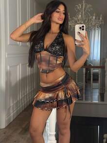Ronhire 2 Stücke/Set Gradientfarbiges bedrucktes Neckholder Crop Top mit Bindung vorne und Mini Rock Strandurlaubs Outfit - Verschiedenfarbig - Übersicht 1