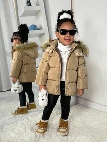 SHEIN 女婴可爱保暖连帽棉衣，百搭秋冬装 - 卡其色 - 查看 4