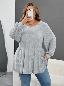SHEIN CURVE+ Große Größen Lässig einfarbiges Laternenhülse T-Shirt, Herbst/Winter Kleidung für Frauen, CURVE PLUS - Grau - Übersicht 5
