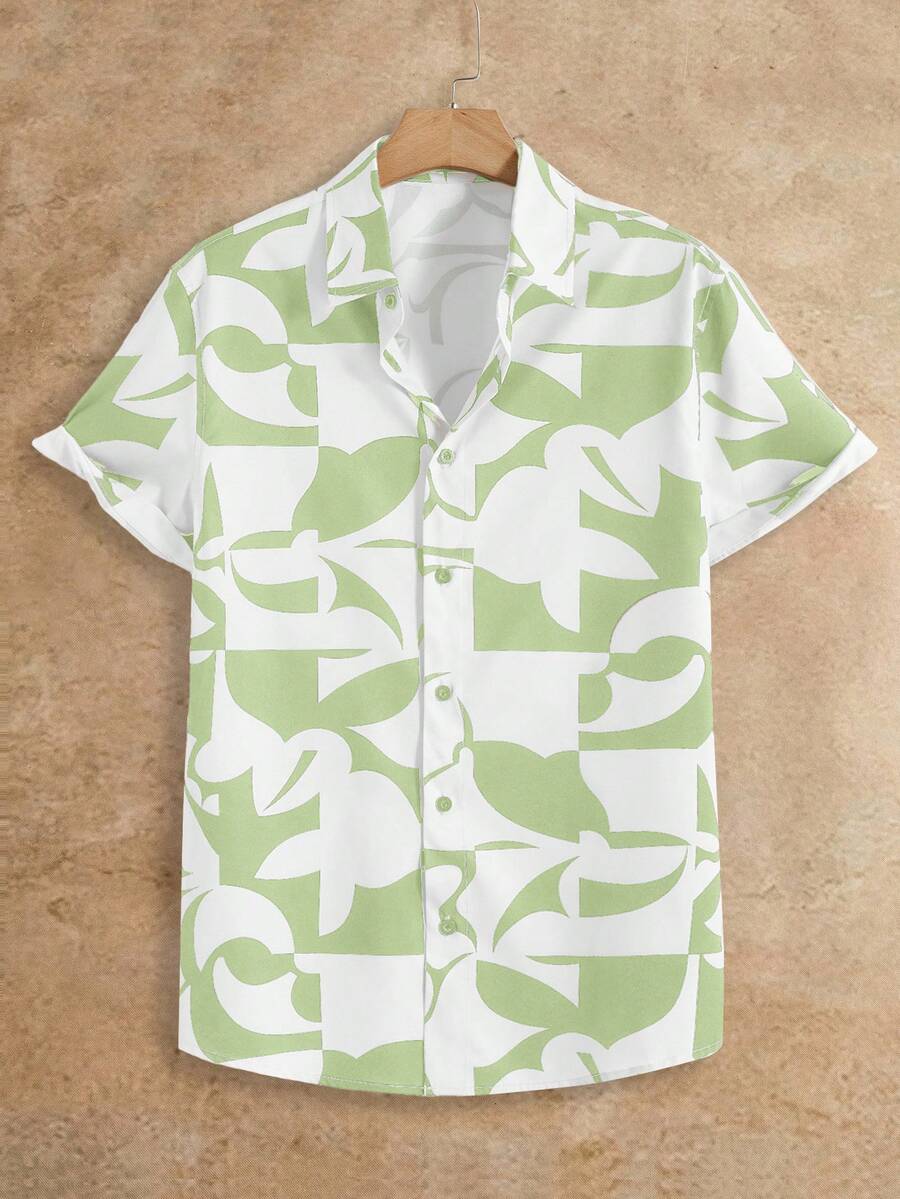 Manfinity VCAY Loose Fit Men's Geometric Pattern Woven Shirt - Green - View 1