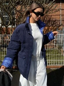 DAZY Chaqueta casual de mujer con cuello alto, versátil para abrigos de invierno - Azul Marino - Ver 6