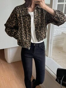DAZY 女士翻领豹纹短款街头休闲牛仔夹克外套秋冬Y2K - 棕色 - 查看 3