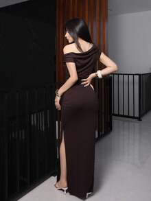 Steff Loaiza Asymmetric Ruched Oblique Shoulder Top & High-Slit Ruched Low Waist Skirt Summer Set, Women's Clothing, Pink,Ladies Elegant Asymmetrical,Ruched,Split Thigh Sleeveless Slim Fit Coffee Brown Batwing Sleeve Skirt Women Two-Piece Outfits,Spring/Summer,Casual Daily Wear