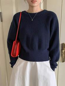 DAZY 纯色修身圆领长袖露背蝴蝶结休闲毛衣，女士秋冬款