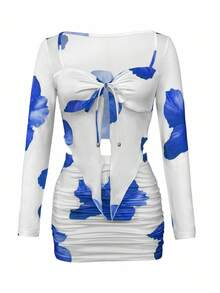 INAWLY 女士夏季度假长袖上衣和裙子两件套 - 藍色 - 查看 4