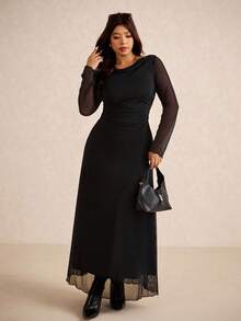 Elaquor 大码女式连帽连衣裙，时尚休闲优雅，柔软高弹网眼面料，秋季新品 - 黑色 - 查看 3