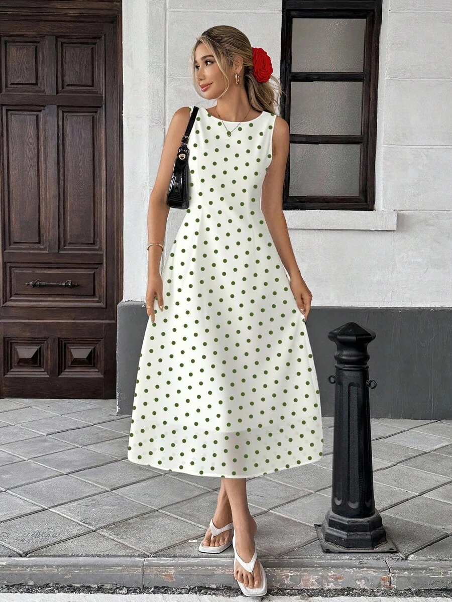 Pariaura 女士优雅长款波尔卡圆点雪纺无袖连衣裙，夏季 - 彩色 - 查看 1