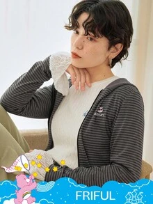 SHEIN X Care Bears FRIFUL Women's Striped Bear Pattern Zip-Up Hooded Long Sleeve T-Shirt - Grey - View 8