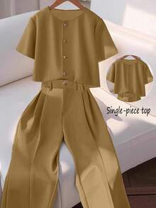 Franclia Fashionable High-End Round Neck Short Sleeve Button-Up Blouse For Women