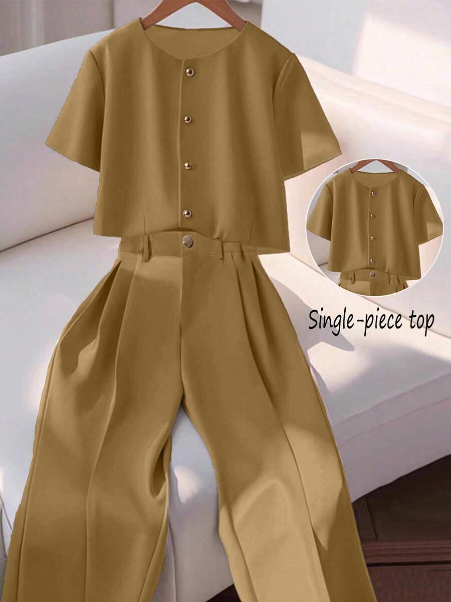 Franclia Fashionable High-End Round Neck Short Sleeve Button-Up Blouse For Women