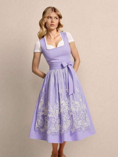 Fairmaia Elegancka, kwiatowa, haftowana kokarda, tradycyjna niemiecka sukienka damska w stylu vintage, bez rękawów, tradycyjna sukienka dirndl z kwadratowym dekoltem, kwiatowym nadrukiem i fartuchem, na październik i Halloween