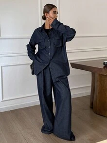 Livesso 女士休闲水洗牛仔夹克和阔腿牛仔裤套装 - 藍色 - 查看 4