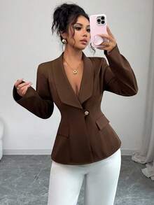 Elenzga 新款女式缺口领长袖梭织纯色前开仿口袋设计通勤休闲修身优雅年轻女士夹克，春秋季 - 棕色 - 查看 3