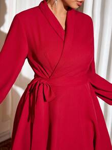 Cravure Christmas Plus Size Women Solid Color Wrap Long Sleeve Blazer Collar Dress Fall Cloth For Women - Burgundy - View 7