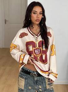 Coolane Women's Winter/Fall Streetwear Going Out Music Festival Casual Athleisure Graphics V-Neck Long Sleeve Jersey T-Shirt - Multicolor - View 5