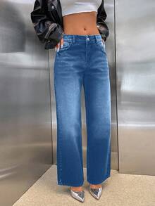 EURMUSE 100% Coton TAILLE BASSE COUPE DROITE JEAN FEMME STYLE Y2K GRIS FONCÉ - Jean bleu - Voir 4