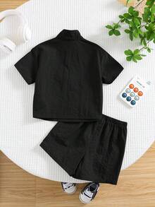TaviRue 2pcs/Set Baby Boy Casual Korean Style Black Collared Tee And Elastic Waist Shorts Set, Summer Baby Boy Black Outfit Black Shirt Baby Boys Baby Boy Black Short Set Baby Boy Summer Outfit
