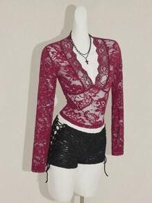 SHEIN ICON Women's Burgundy Lace Hippie Sheer Low-Cut V-Neck Long Flare Sleeve Top - Burgundy - View 6