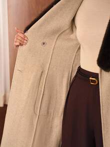 MOTF PREMIUM WOOL CONTRAST FUZZY LAPEL COLLAR FLAP POCKET DOUBLE BREASTED PLACKET LONGLINE OVERCOAT WITH BELT - Light Grey - View 8