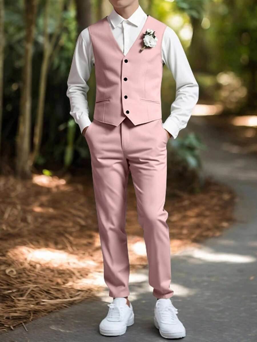 SHEIN Set de 2 piezas Traje de caballero para adolescentes, chaleco ajustado en verde menta + pantalón largo con textura, conjunto elegante y formal para cumpleaños, fiesta, boda, graduación - Rosa - Ver 1