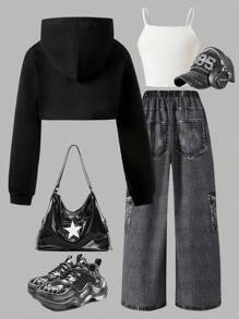 3 件套青少年女孩休闲舒适长袖短款连帽运动衫、牛仔星星印花吊带背心和牛仔印花裤套装，演唱会服装