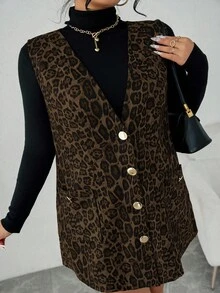 Elenzga 大码女式V领无袖豹纹连衣裙，秋冬 - 摩卡棕 - 查看 7