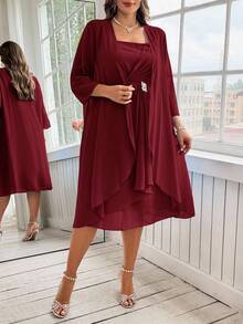 Ellevyn Plus Size Women Spring/Autumn Elegant Solid Color Rhinestone Decor Draped Front Waist Cinched Dress And Lightweight Jacket Set - Burgundy - View 13