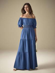 Selenza Robe longue en jean avec manches bouffantes courtes et épaules dénudées, taille froncée - Bleu azur - Voir 5