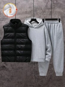 SHEIN 3pcs Casual Solid Color Loose Fit Hoodie, Vest And Sweatpants Set For Teens, Suitable For Commuting, School, Daily Casual, Travel, Sports, All Seasons, Boys 3 Piece Winter Set