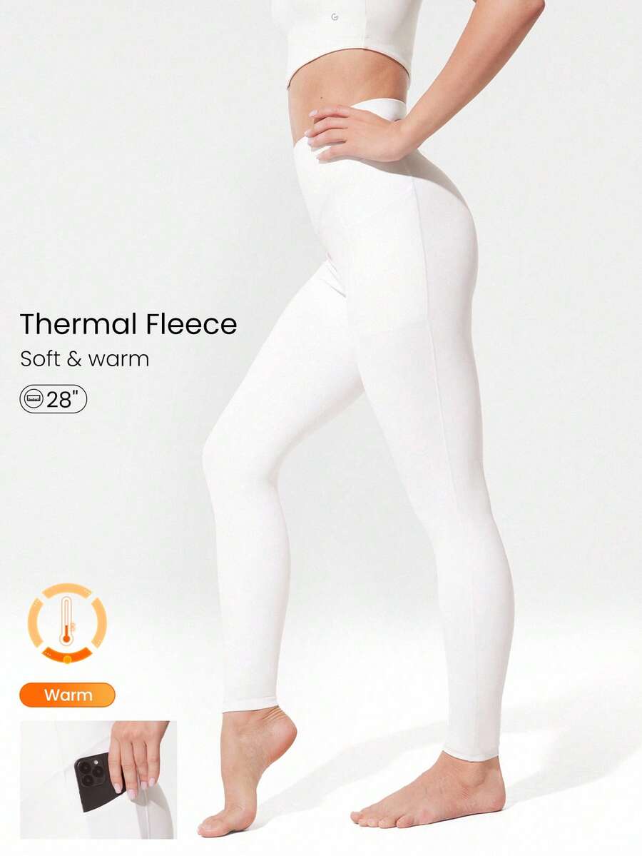 GLOWMODE 28" FeatherFit™-Warm High Waist Leggings With Side Pockets Low Impact Yoga Daily Autumn Winter Fall Winter