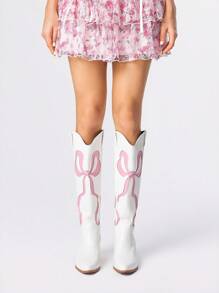 ROMWE Kawaii Women's Cutout Bow Embroidered White Western Boots, Spring/Autumn New Leather Over-The-Knee Boots For Christmas Y2K 2000s Style - White - View 2