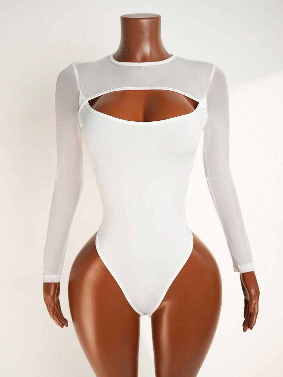 Mistrie Women Crew Neck Long Sleeve Mesh Contrast Hollow Out Casual Bodysuit Fall Cloth For Women - White - View 1