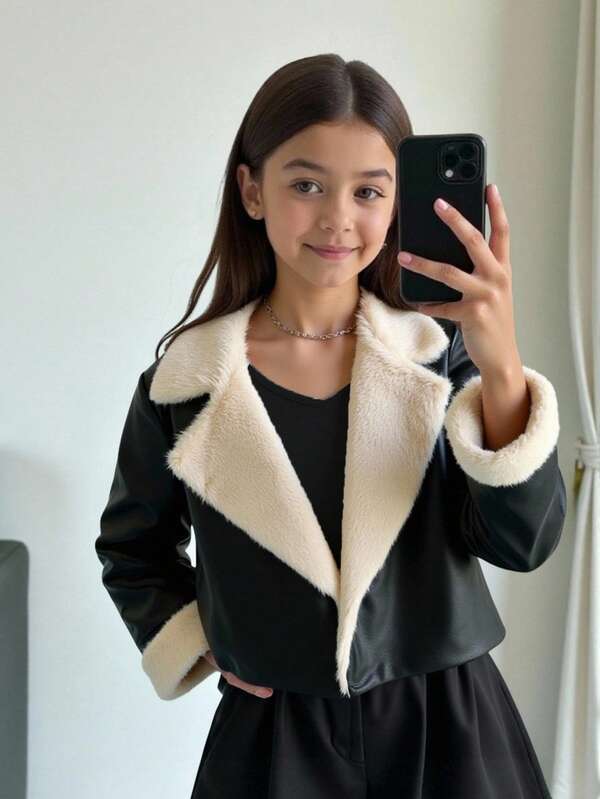 SHEIN Tween Girl Teddy Bear Lining PU Leather Short Jacket, Casual Vintage Patchwork Fluffy Trim Jacket, Faux Leather Distressed Texture Black Warm Soft Winter Coat Fall