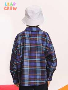 SHEIN 青少年男孩数码印花格子休闲宽松梭织短袖衬衫 - 藍色 - 查看 2