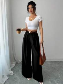 SHEIN PETITE 女款素色高腰百褶寬腿鬆身長褲，優雅秋季布料，適合小個子女性 - 黑色 - 查看 4