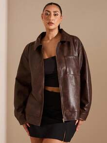 SHEIN BAE 大码女式秋季长袖拉链领PU皮革口袋宽松休闲夹克 - 棕色 - 查看 8