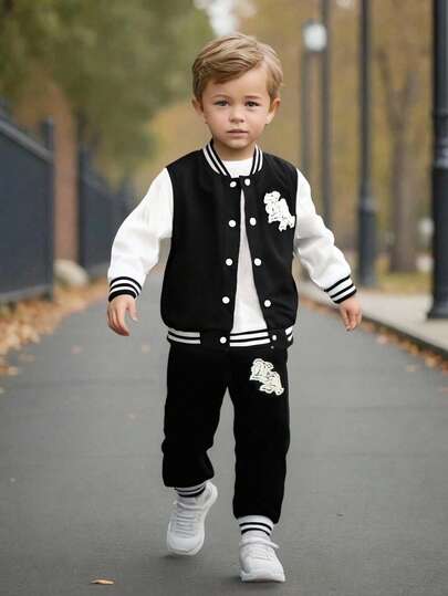 SHEIN 4-7 岁男孩校服夹克和裤子两件套，长袖开衫棒球夹克带字母刺绣和松紧腰休闲运动裤，适合学校、节日、万圣节、圣诞节