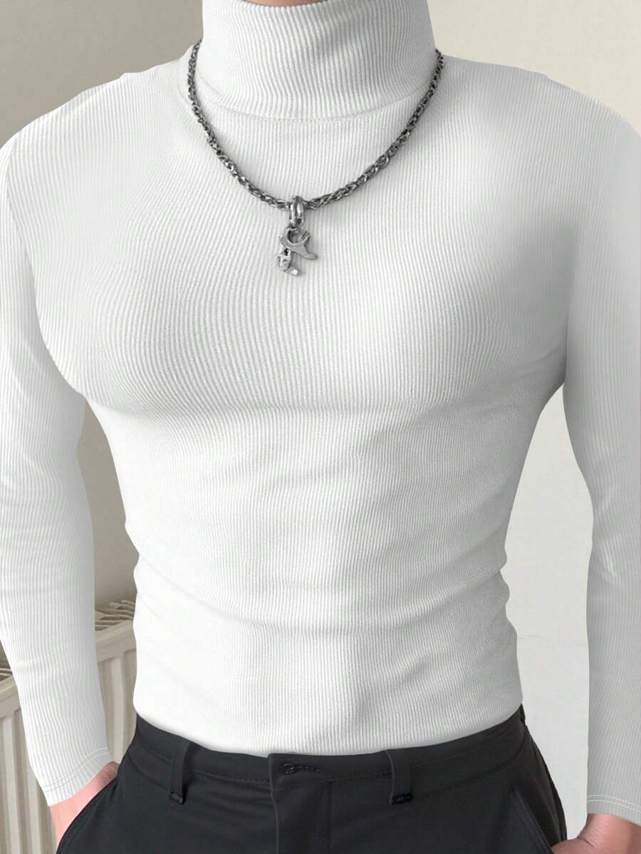 Manfinity Dauomo Men's Turtleneck Tight Solid Color Casual T-Shirt, Can Be Worn As Base Layer, For Fall, Long Sleeve Top - White - View 1