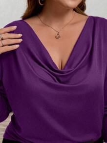 SHEIN Clasi Áo thun cổ tròn tay dài màu trơn thanh lịch cỡ lớn dành cho nữ - Màu tím - Xem 4