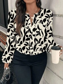 Reflora Blusa de manga larga con estampado floral negro y blanco de estilo elegante y romántico, adecuada para el otoño/invierno, blusas elegantes para mujeres, ropa de otoño para mujeres - Multicolor - Ver 1