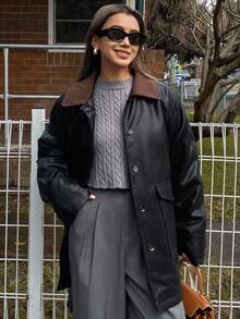 DAZY 女士加厚PU皮夹克外套，宽松休闲轻便户外街头风，大口袋，撞色设计，翻领，腰带，秋冬皮夹克 - 黑色 - 查看 11