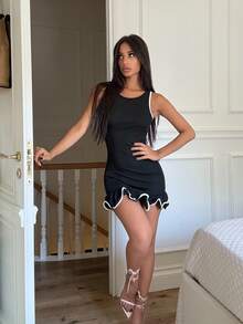 Ronhire Vestido de moda minivestido sin mangas con cuello redondo y dobladillo con volantes para mujer - Negro - Ver 1