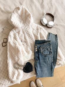 青少年女孩毛绒长袖拉链休闲连帽夹克