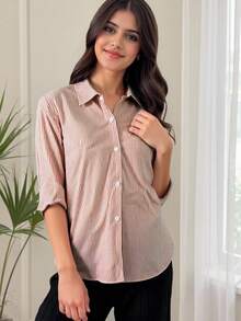 SHEIN Teen Girls Mocha Brown Striped Polyester Blouse Long Sleeve Collared Button Front Asymmetrical Hem - Mocha Brown - View 9