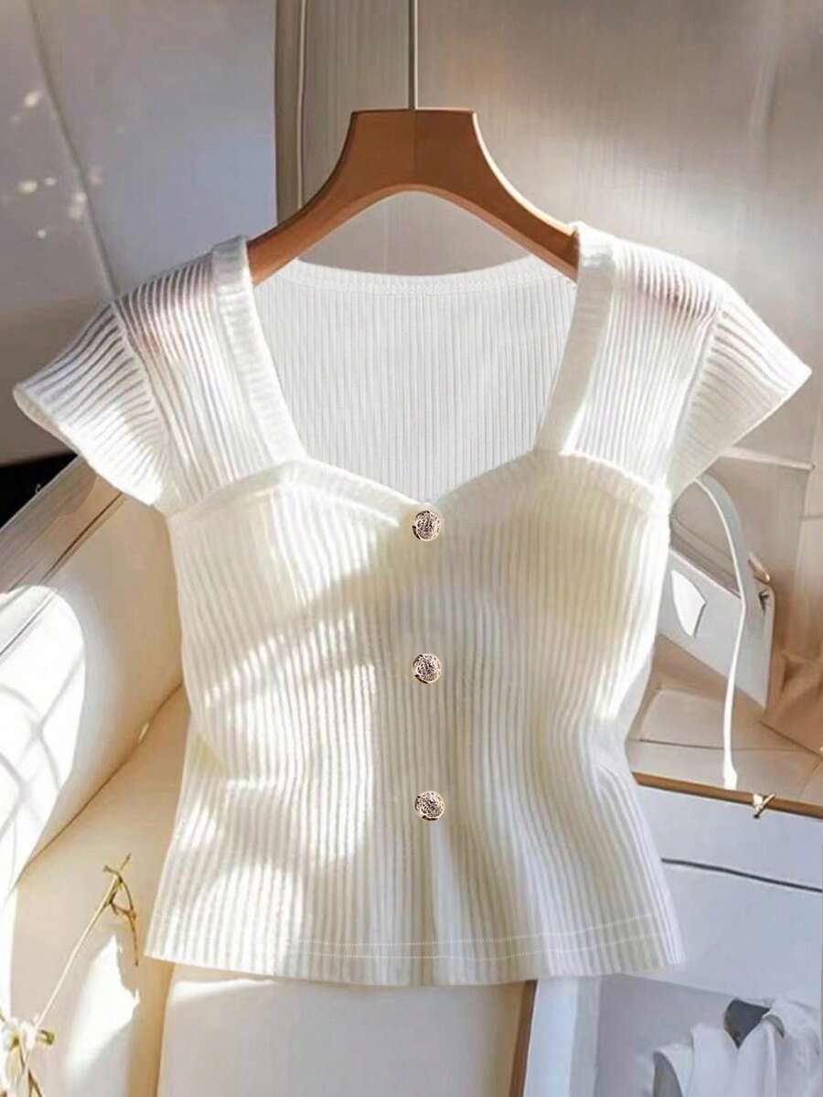 GlowEve Women's Summer Button Design Sweetheart Neck Cap Sleeve T-Shirt